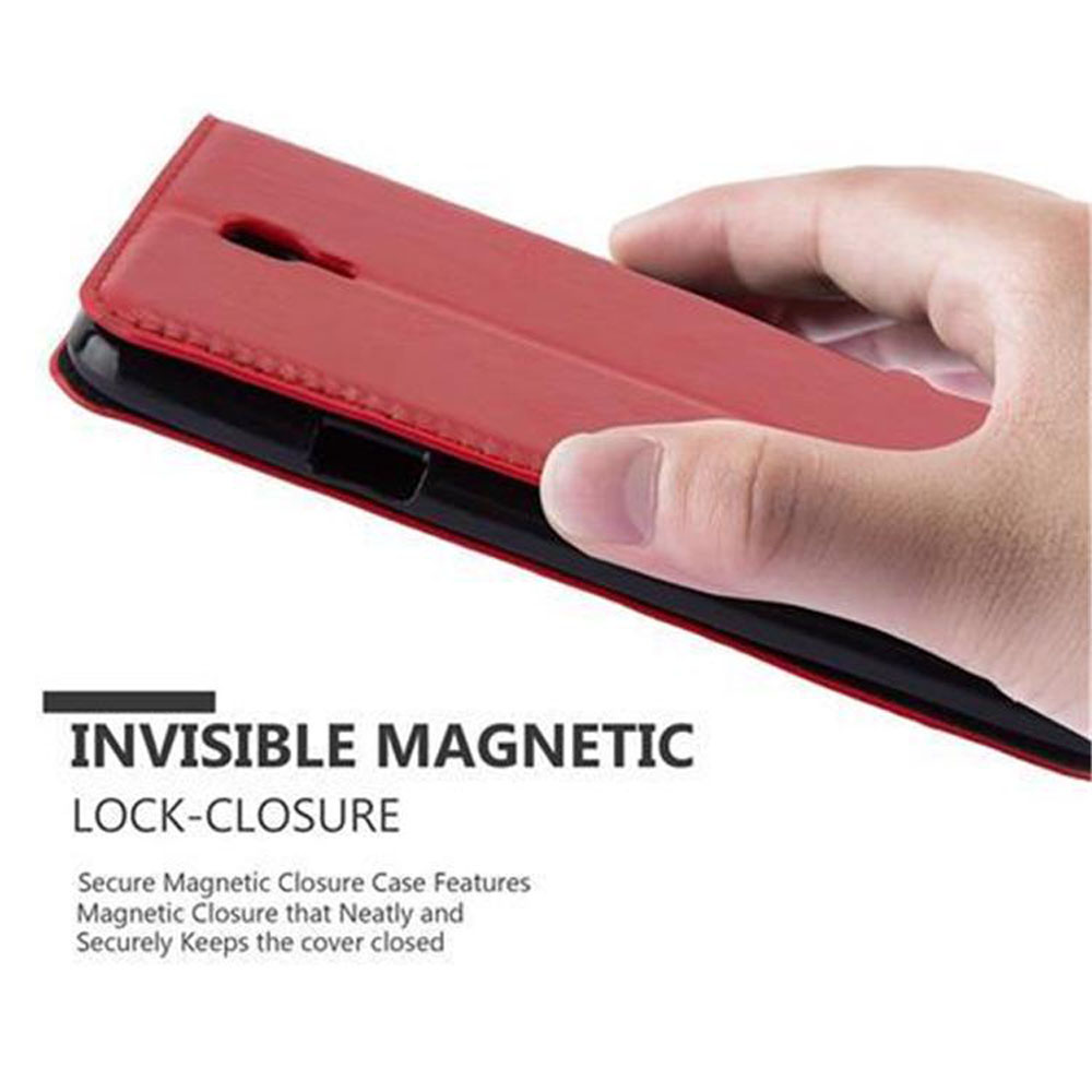 Eine Hand öffnet eine rote Handyhülle. Text auf dem Bild sagt 'INVISIBLE MAGNETIC LOCK-CLOSURE'.