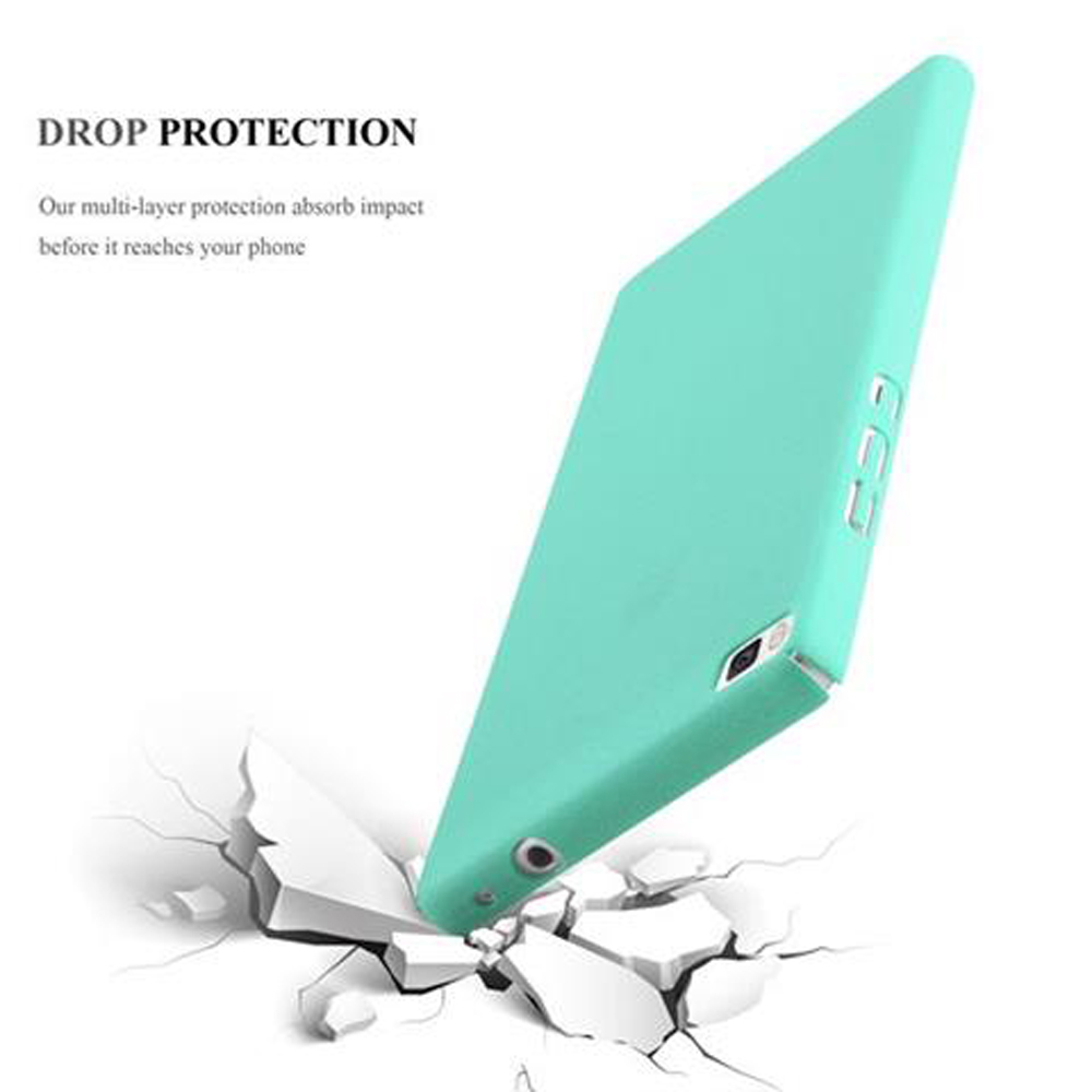 Una funda de teléfono verde azulado cayendo, golpeando una superficie. El texto dice PROTECCIÓN CONTRA CAÍDAS.