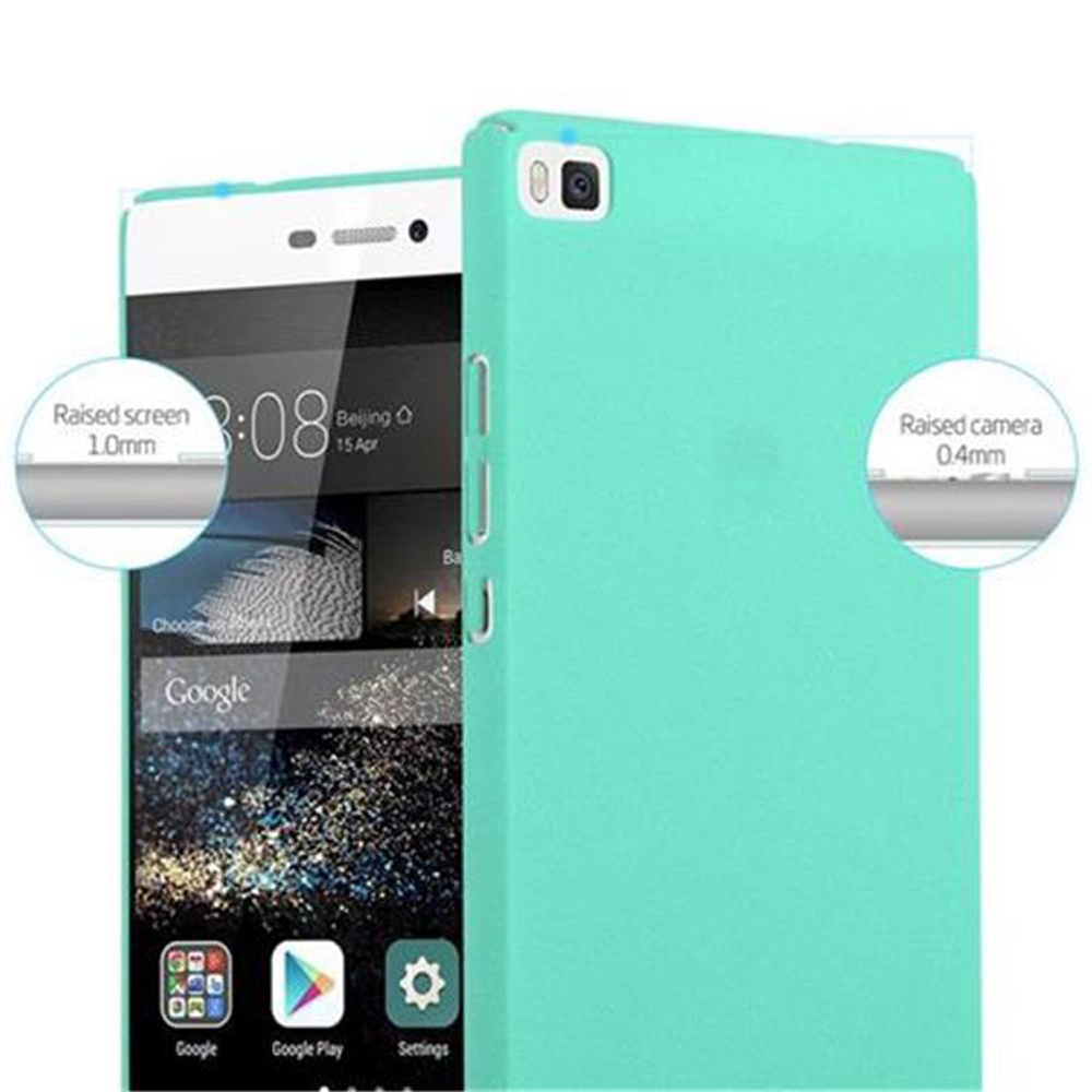 Teléfono en una funda azul claro, con la pantalla encendida. Detalles de la pantalla y la cámara elevadas.
