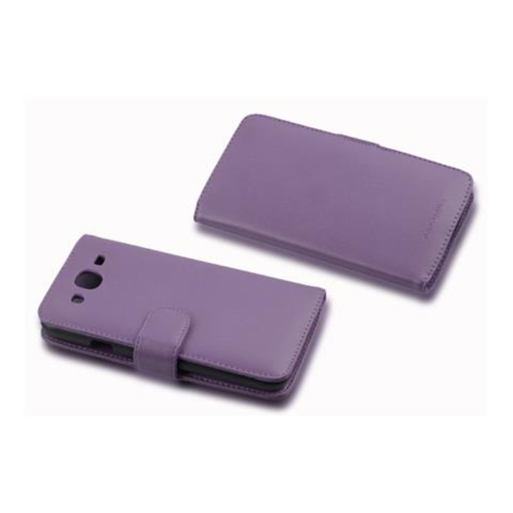 Custodia per telefono viola, aperta e chiusa. La custodia aperta ha un telefono all'interno.