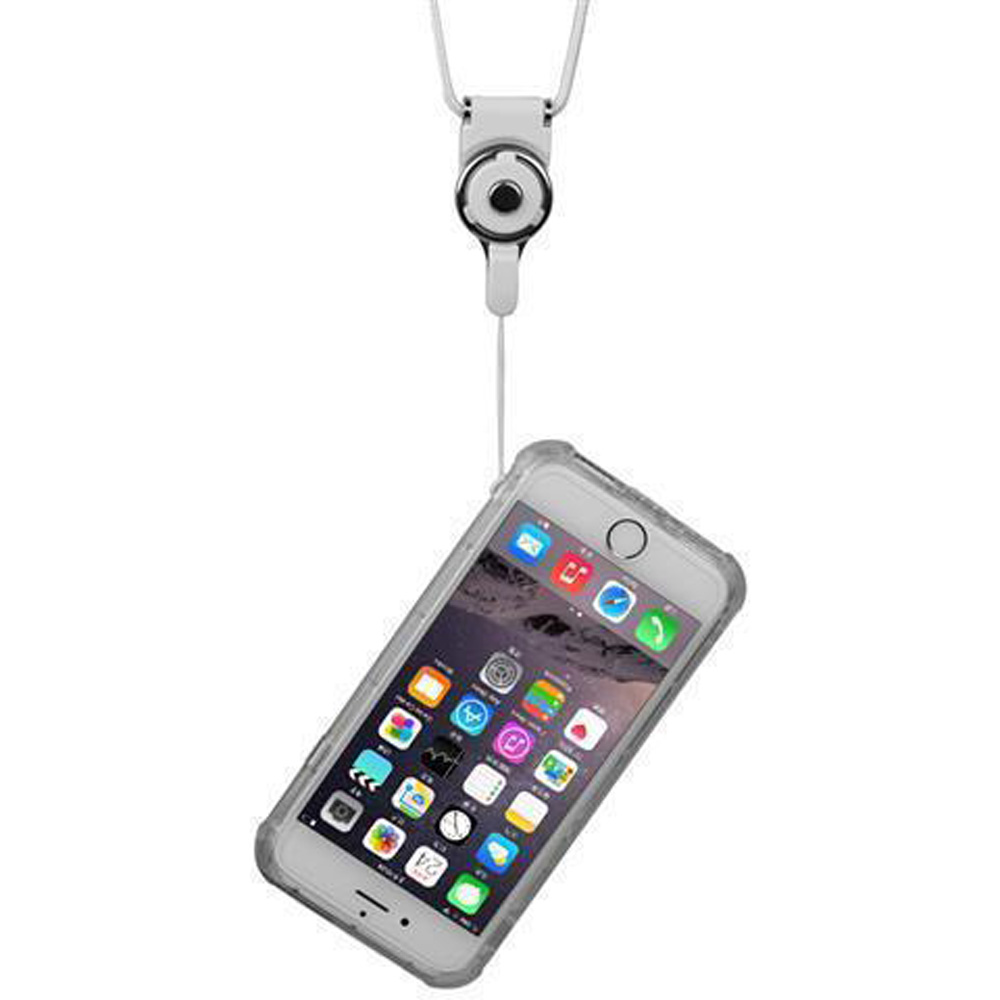Telefon mit Hülle und Lanyard. Der Telefonbildschirm zeigt verschiedene App-Symbole.