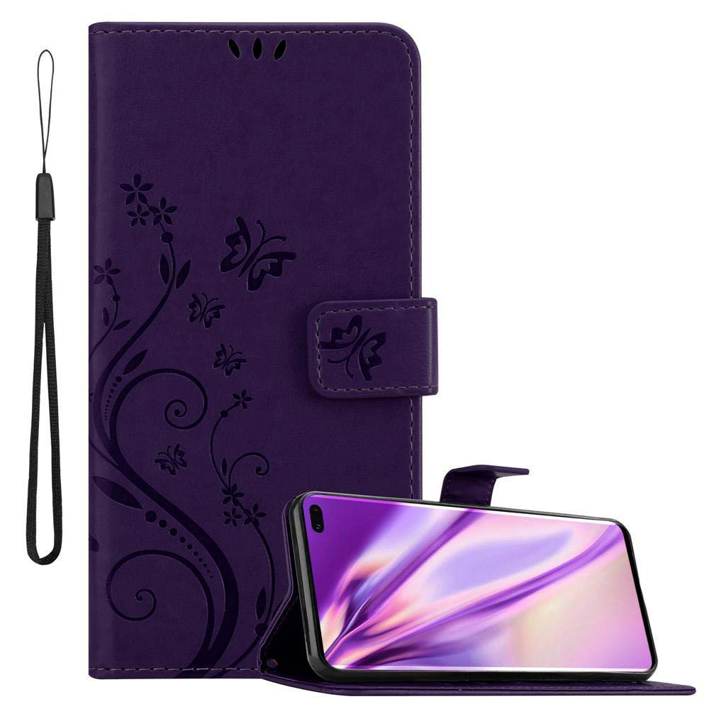 Lila Handyhülle mit Handy, Schmetterlingsdesign und Handschlaufe.
