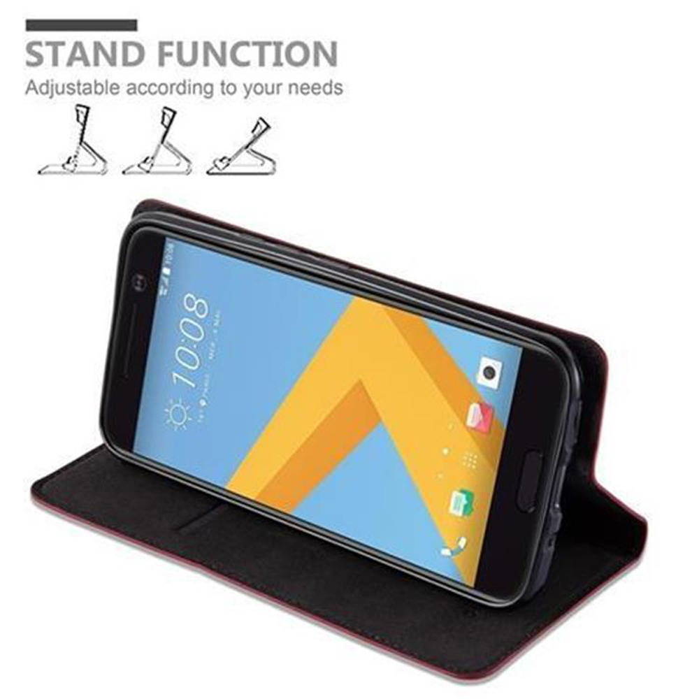Telefono in custodia, usato come supporto. Colori nero e rosso. Funzione supporto con diagramma.