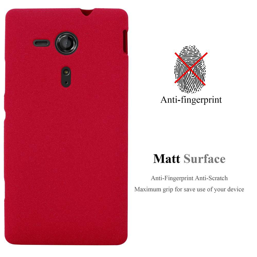 Una funda roja para teléfono con un recorte en forma de teléfono. Texto: Antihuellas, superficie mate.