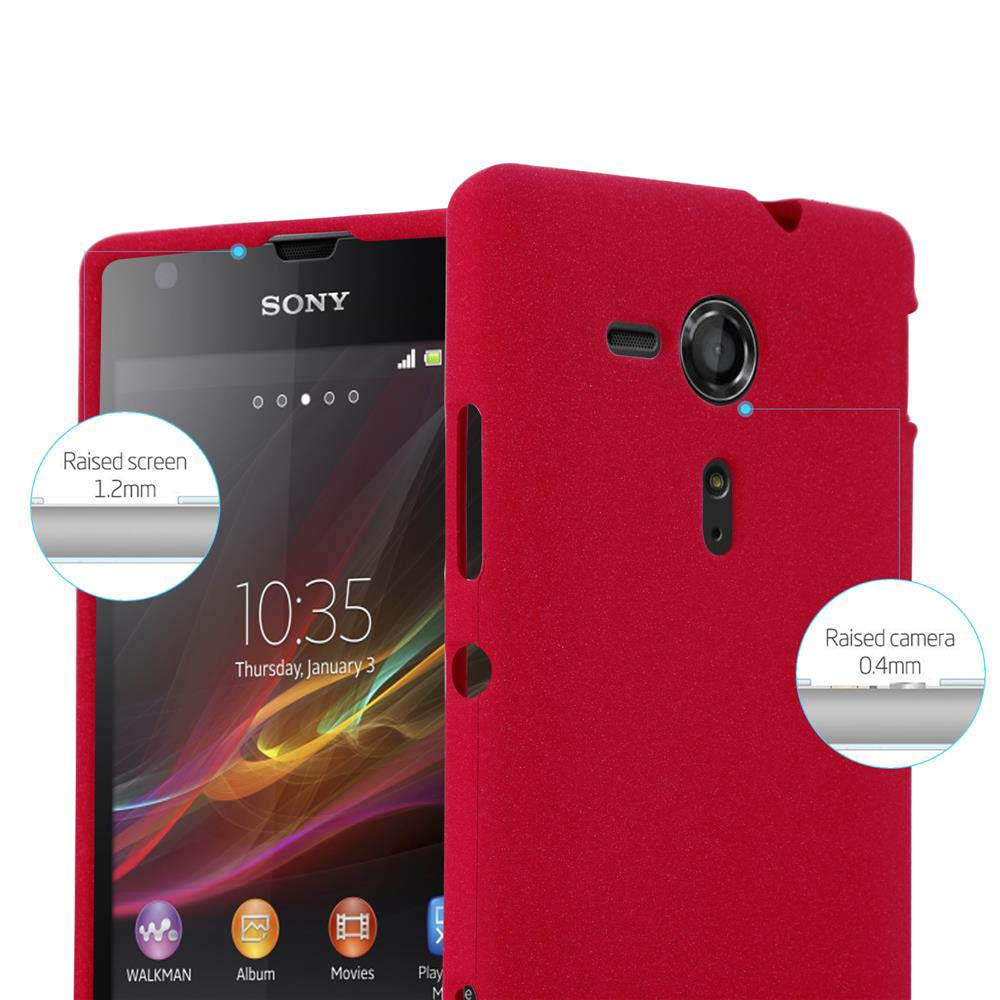 Un teléfono rojo con pantalla y cámara resaltadas. La pantalla muestra la hora 10:35.