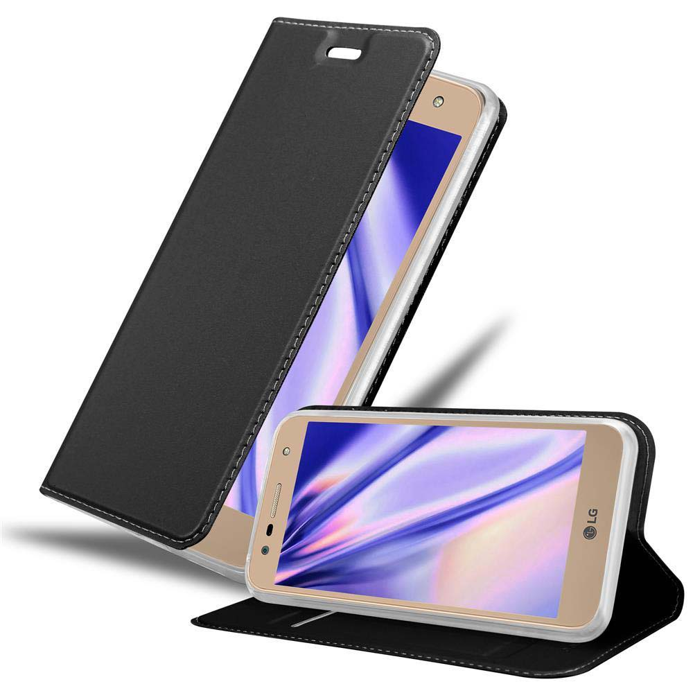 Schwarze Handyhülle, offen, mit einem Telefon mit goldenem Rahmen. Das Telefon liegt rechts.