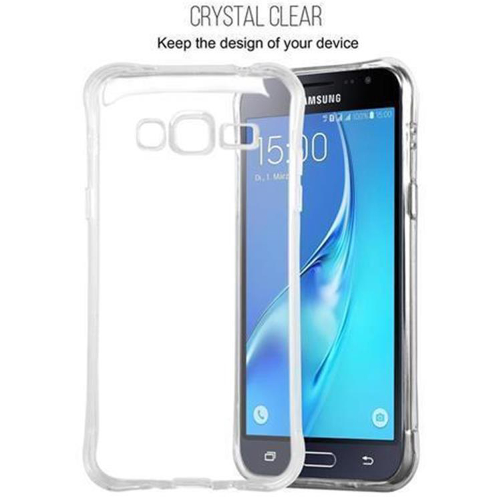 Transparente Handyhülle über einem blauen Telefon. Text: Kristallklar. Telefon ist an.