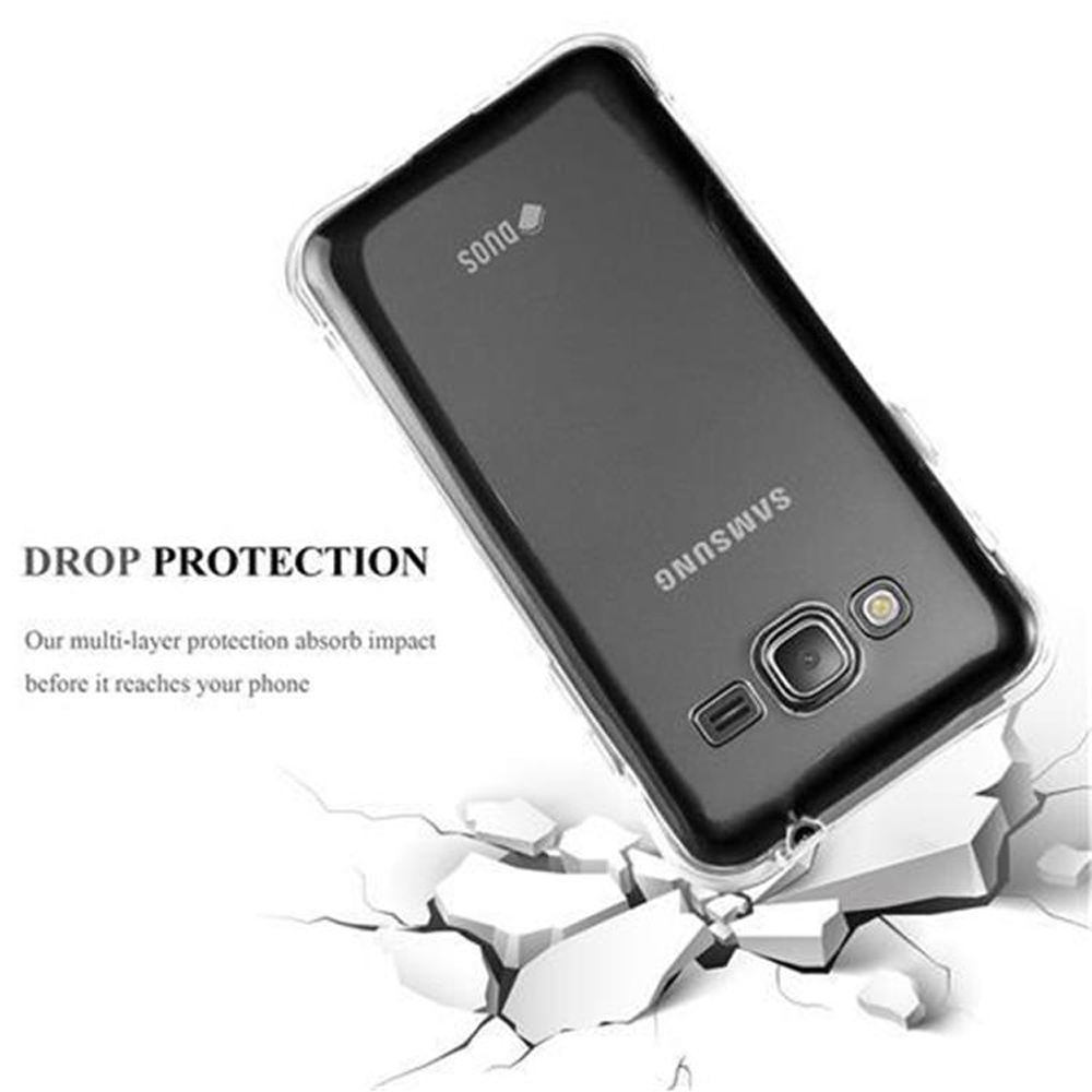 Ein Telefon in einer Schutzhülle, mit einer zerbrochenen Oberfläche und Text zum Schutz vor Stürzen.