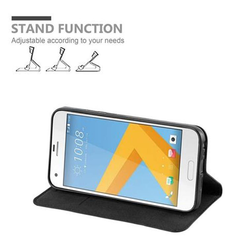 Weißes Smartphone in schwarzem Gehäuse, geöffnet. Text oben: Standfunktion.
