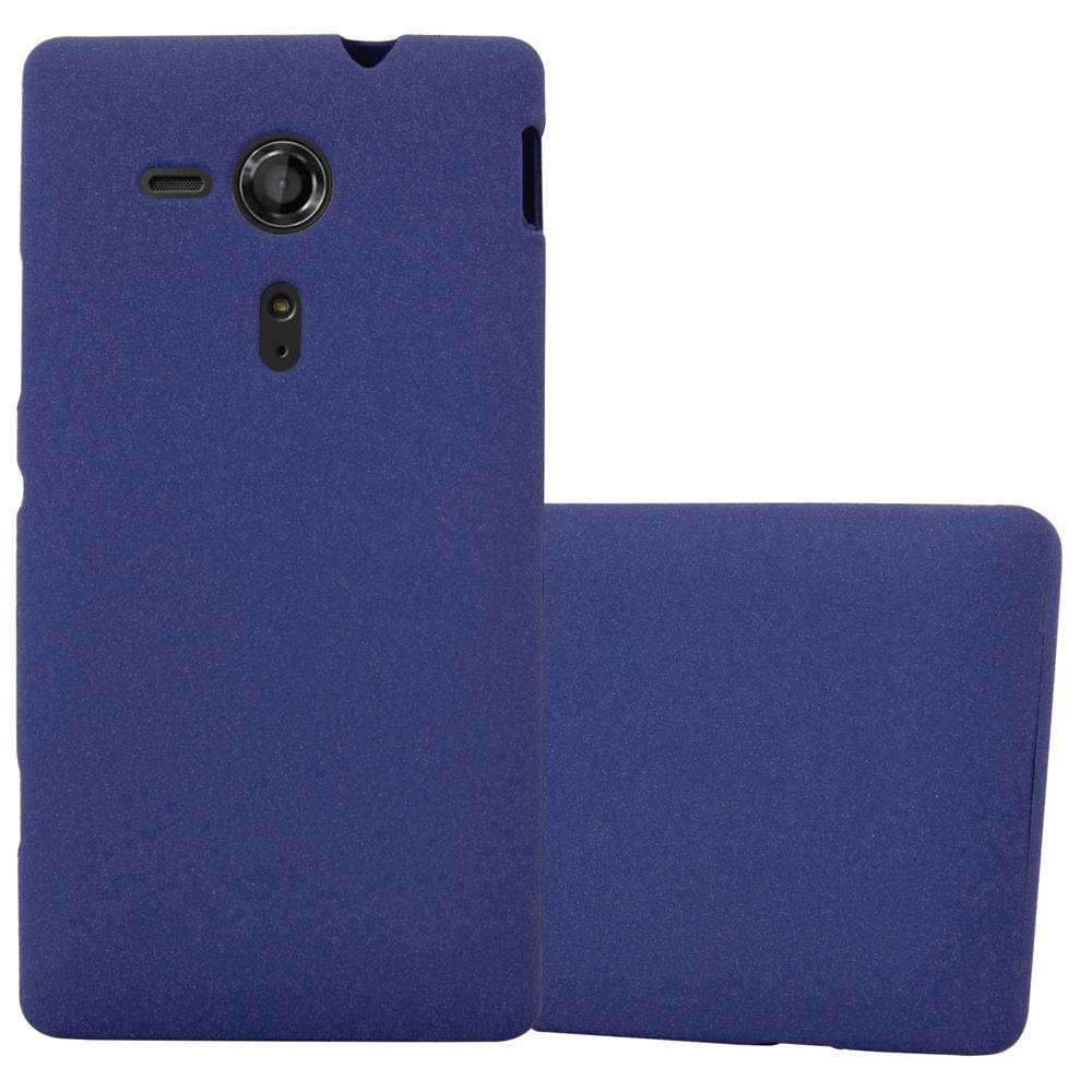 Un teléfono azul y una funda azul. El teléfono muestra una cámara y otras funciones.