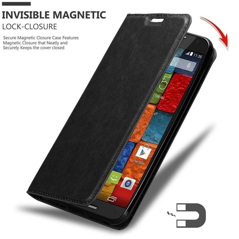Handyhülle wird geöffnet. Text: UNSICHTBARER MAGNETVERSCHLUSS. Telefonbildschirm mit bunten Symbolen wird angezeigt.