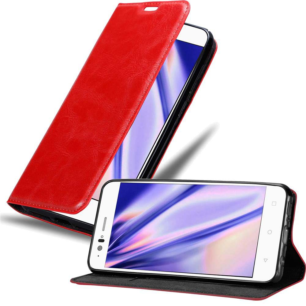 Un telefono in una custodia in pelle rossa, con il telefono aperto.