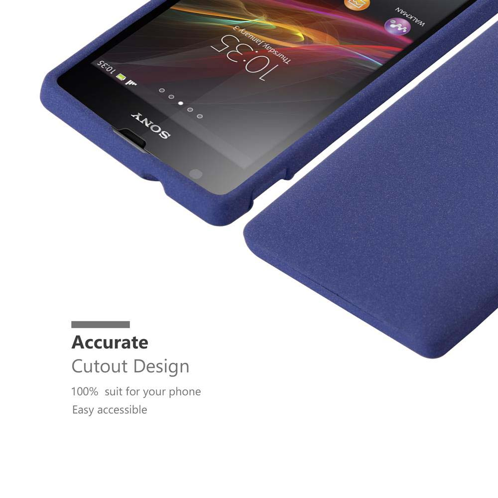 Teléfono en una funda azul oscuro. La pantalla muestra la hora y detalles del teléfono. La funda está abierta.