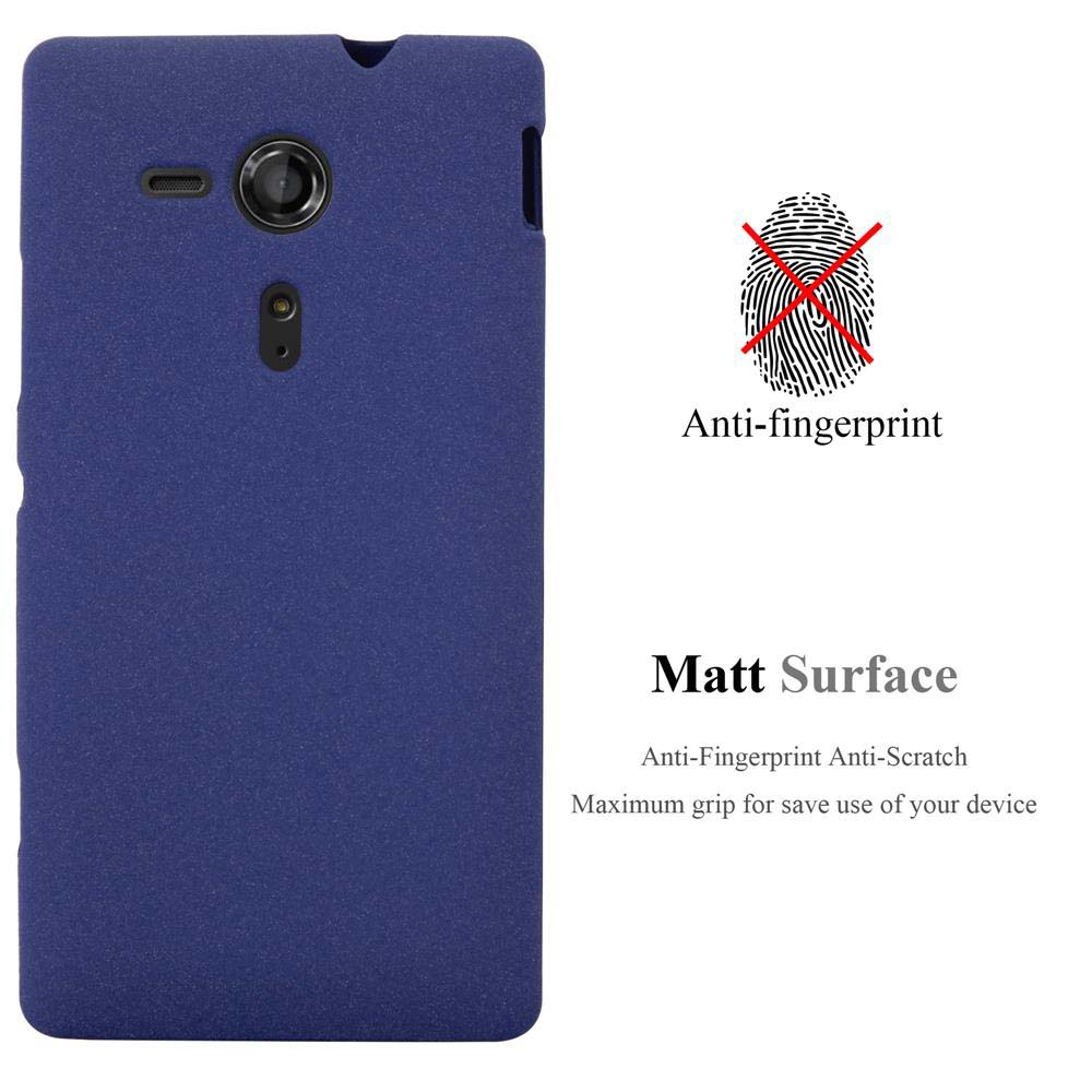 Teléfono azul, con superficie mate y función anti-huellas dactilares, texto y un icono de huella dactilar.