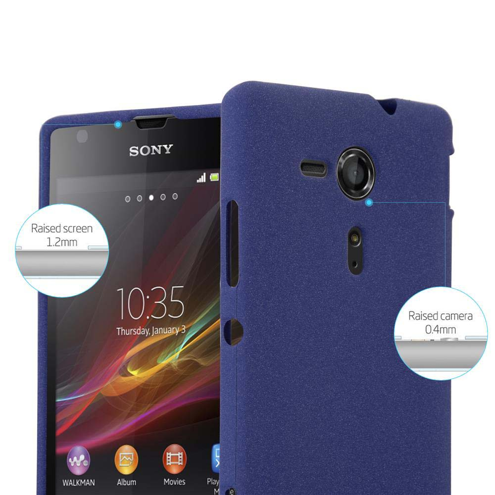 Una funda de teléfono azul con un teléfono dentro, con detalles de pantalla y cámara elevados.