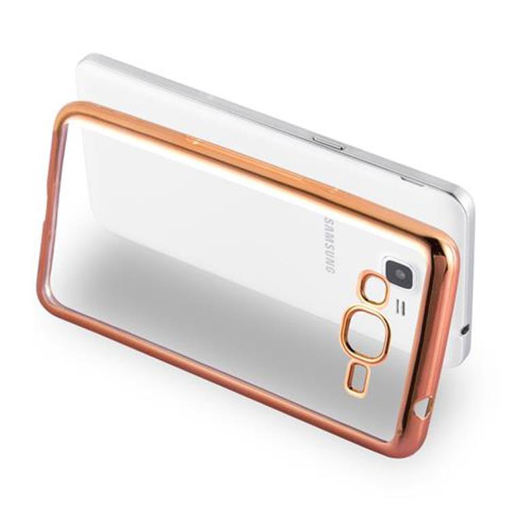 Un telefono con una custodia trasparente e una cornice dorata, con un telefono argentato sotto.