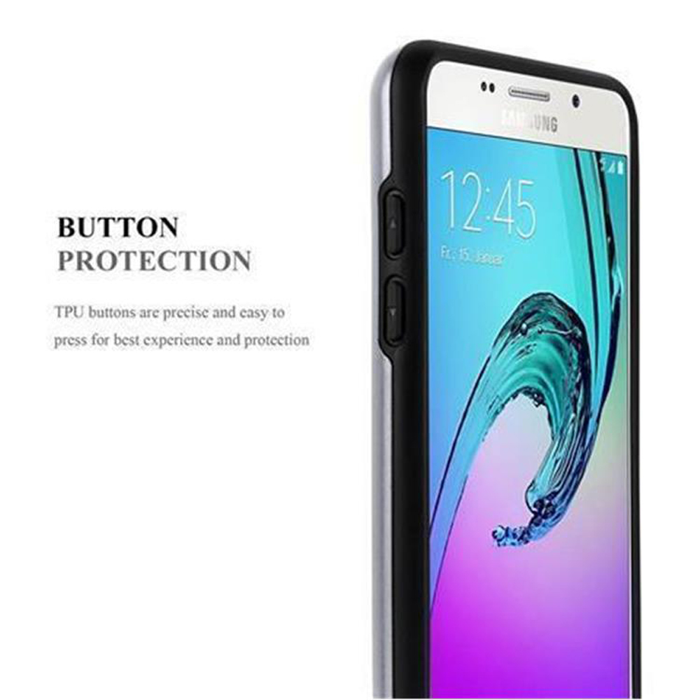 Custodia nera per telefono con protezione dei pulsanti. Il telefono è in bianco e nero. Testo sull'immagine.