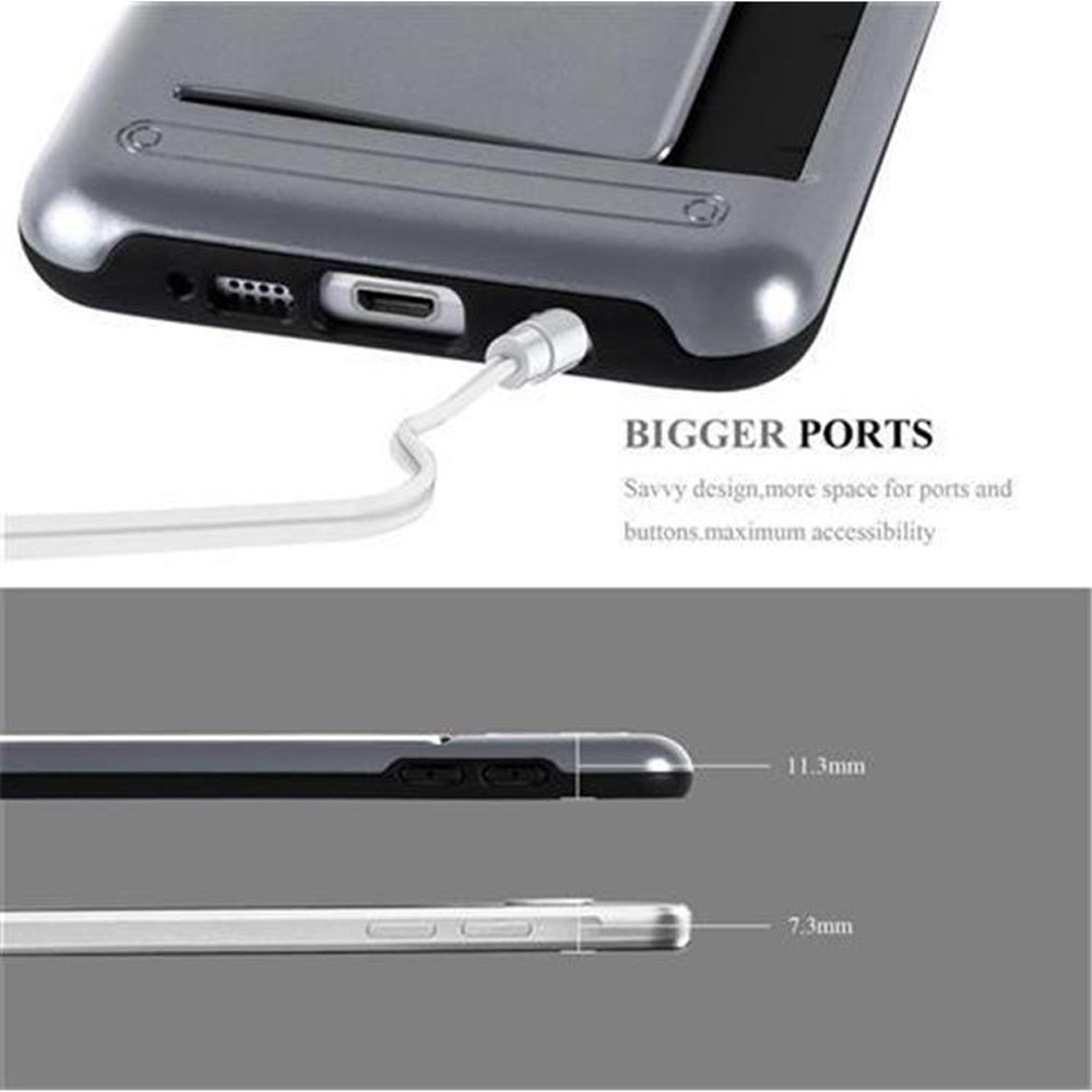 Custodia per telefono argentata con porta di ricarica e cavo bianco. Testo: 'Bigger Ports'.