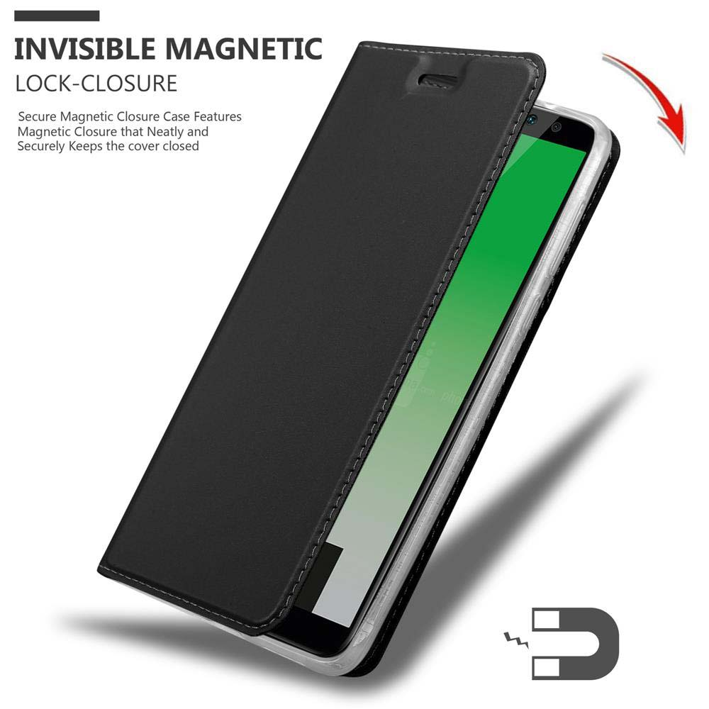 Un telefono in una custodia nera. La custodia è aperta, mostrando la chiusura magnetica.
