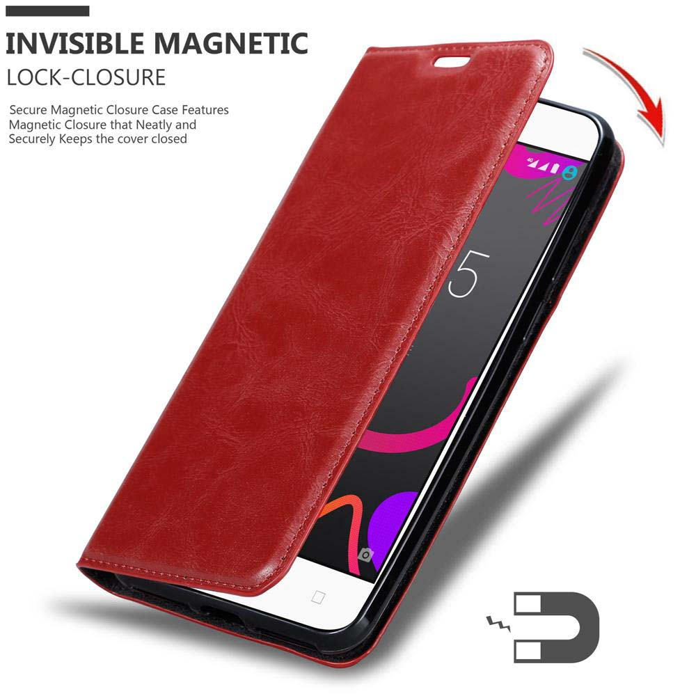 Custodia rossa del telefono aperta, che mostra un telefono con schermo acceso. Chiusura magnetica visibile.