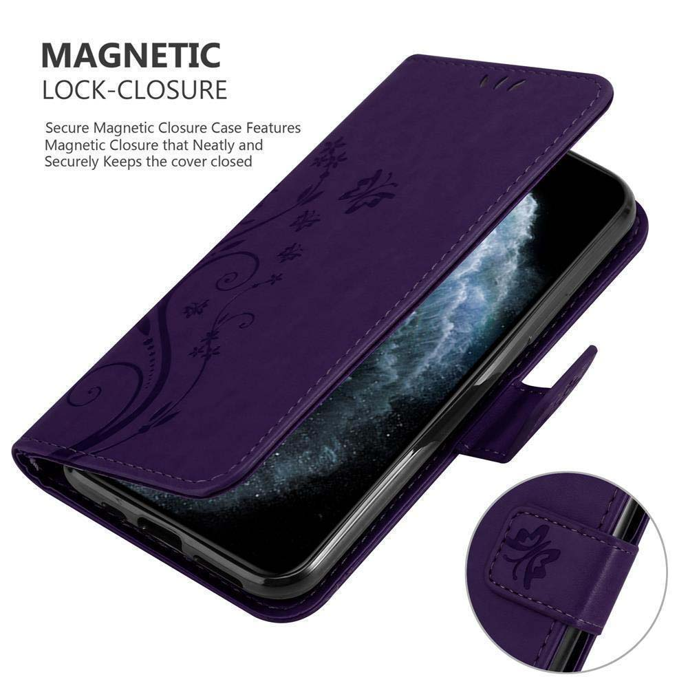 Custodia viola per telefono con design floreale, telefono all'interno. Chiusura magnetica visibile.