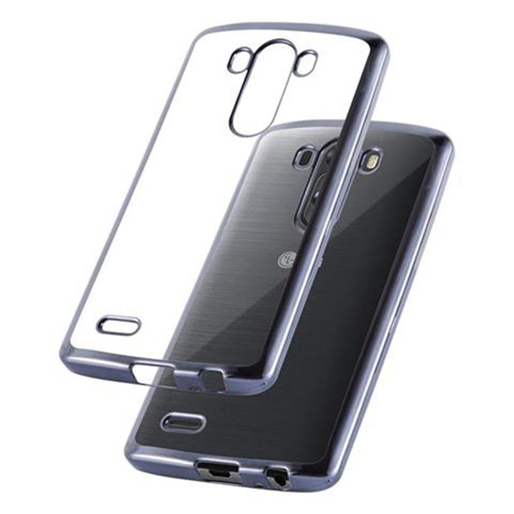 Due custodie trasparenti in plastica per telefono. Una sovrappone un telefono nero.