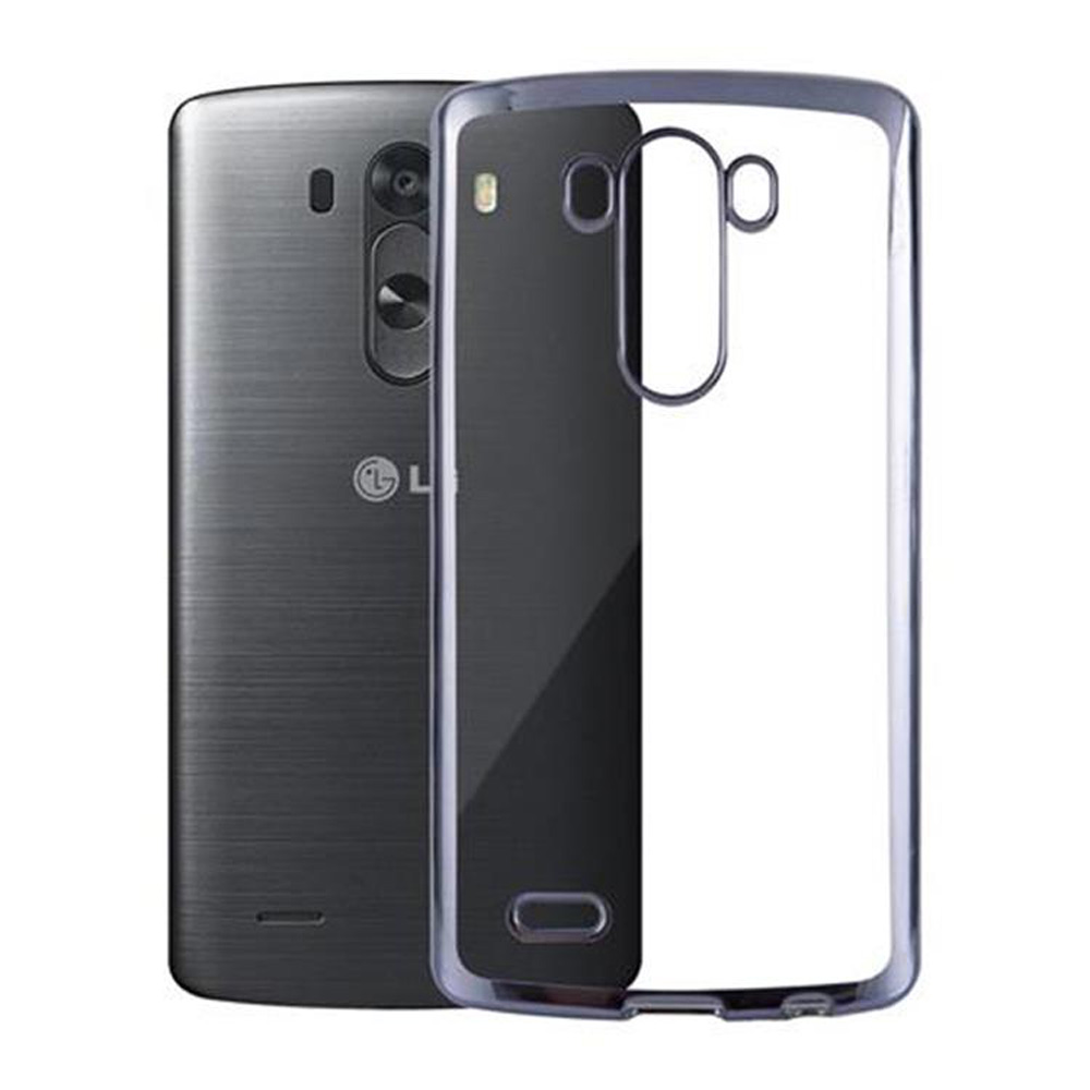 Telefono e custodia. La custodia è in plastica trasparente e il telefono è nero. La custodia ha un ritaglio.
