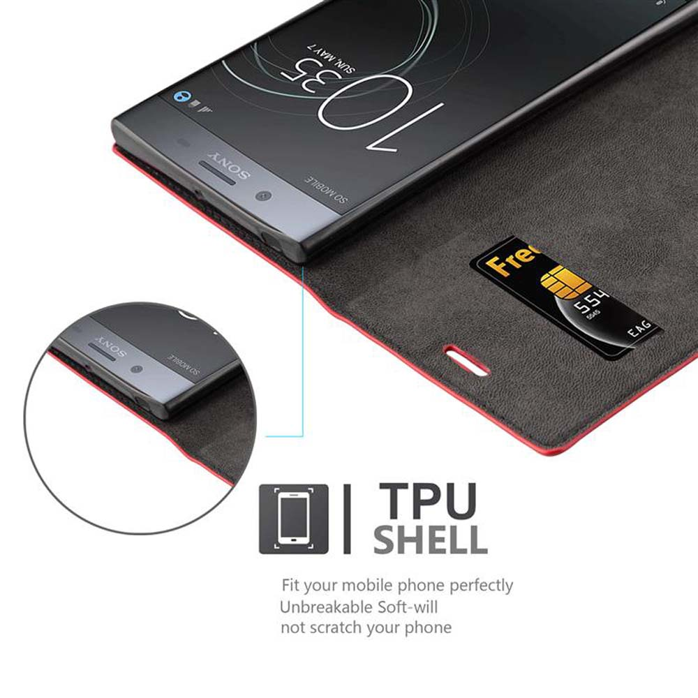 Telefono in custodia con SIM. Testo: Guscio in TPU. Il telefono mostra le 10:35. Custodia aperta.