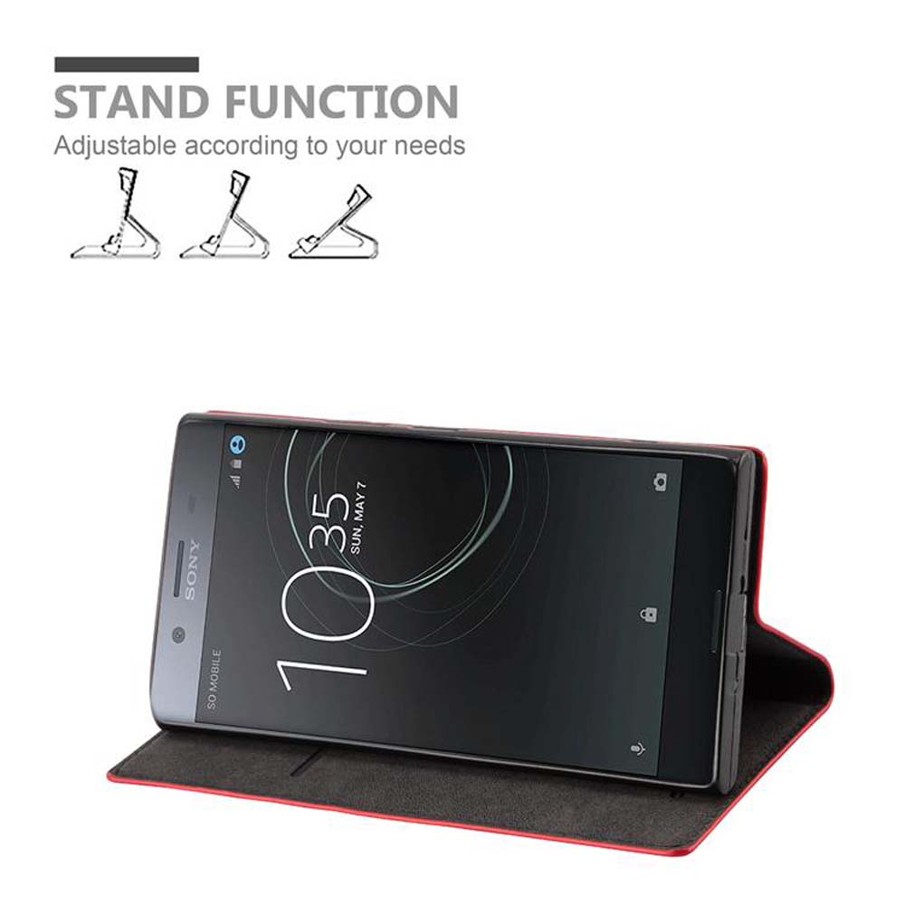 Telefono nero in custodia rossa con funzione supporto regolabile.