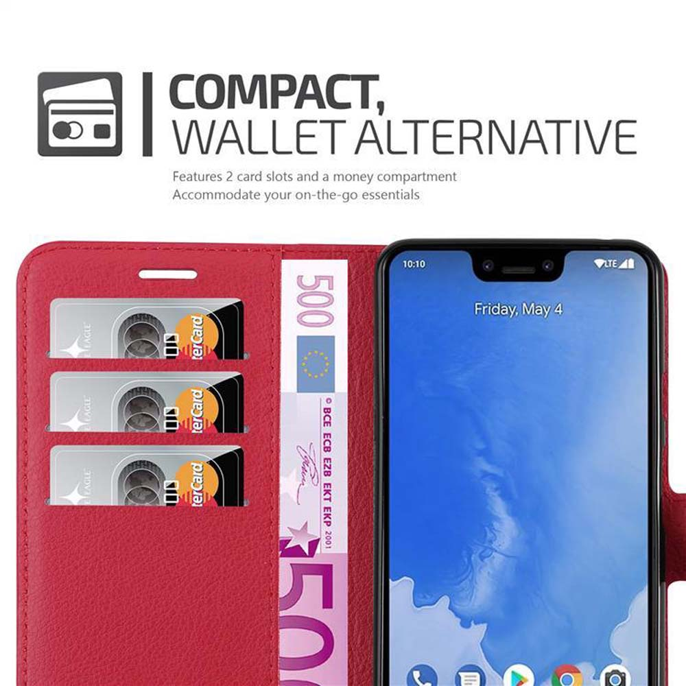 Rote Handyhülle mit Telefon, mit Kartenfächern und Euro-Schein, Text 'Compact Wallet Alternative'.