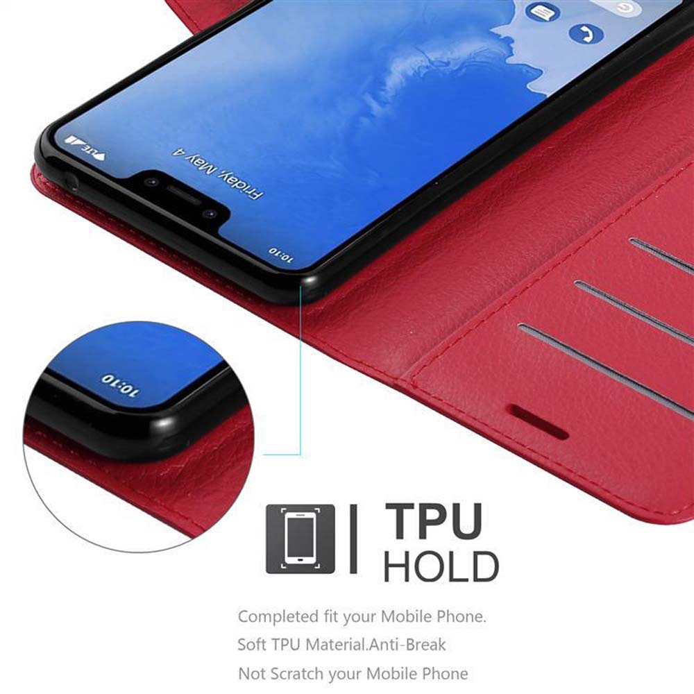 Telefon mit roter Hülle. Text: TPU-Halterung. Weißer Hintergrund.