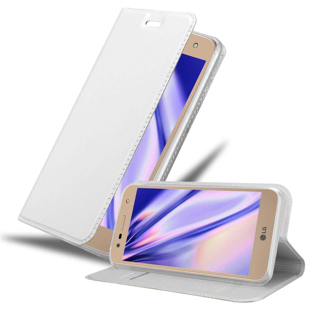 Weiße Leder-Handyhülle, offen. Telefon innen. Weißes Innere. LG-Telefon mit eingeschaltetem Bildschirm.