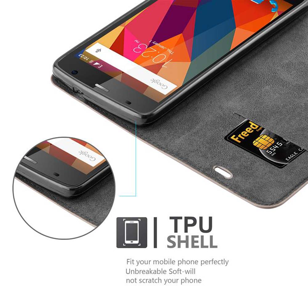 Teléfono en funda gris, con tarjeta dentro, mostrando la pantalla.