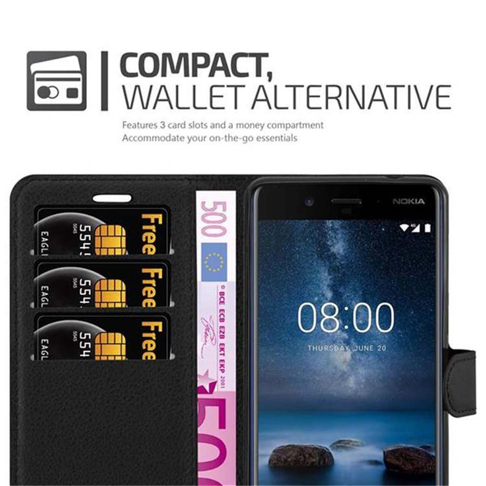 Custodia per telefono nera con scomparti per carte e un telefono Nokia che mostra l'ora e la data.