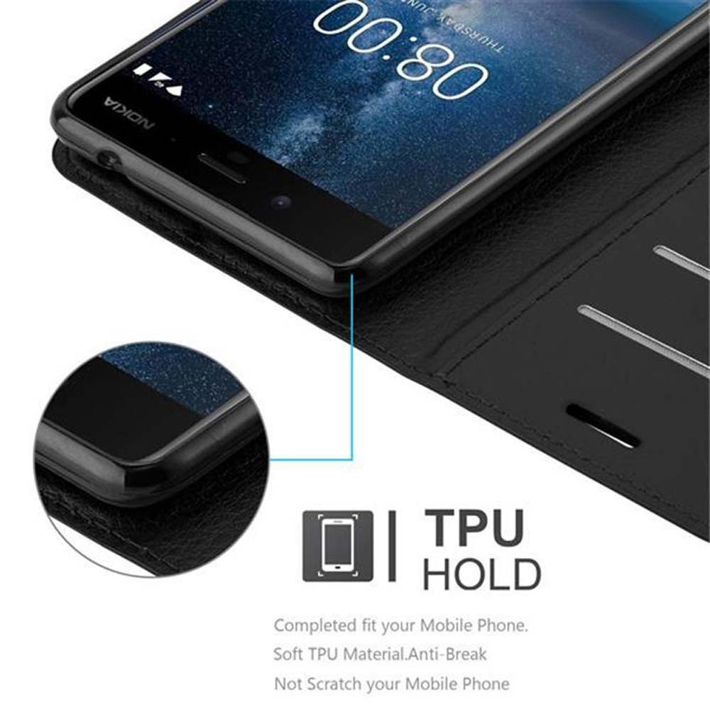 Telefono in una custodia nera. Il testo dice TPU HOLD. Lo schermo mostra un'ora. La custodia è aperta.