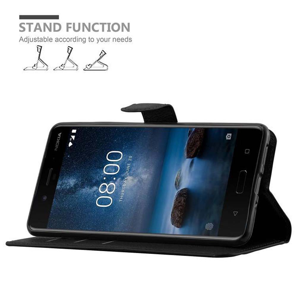 Un telefono nero è in una custodia nera. Lo schermo mostra l'ora 08:00. Viene mostrata la funzione supporto.