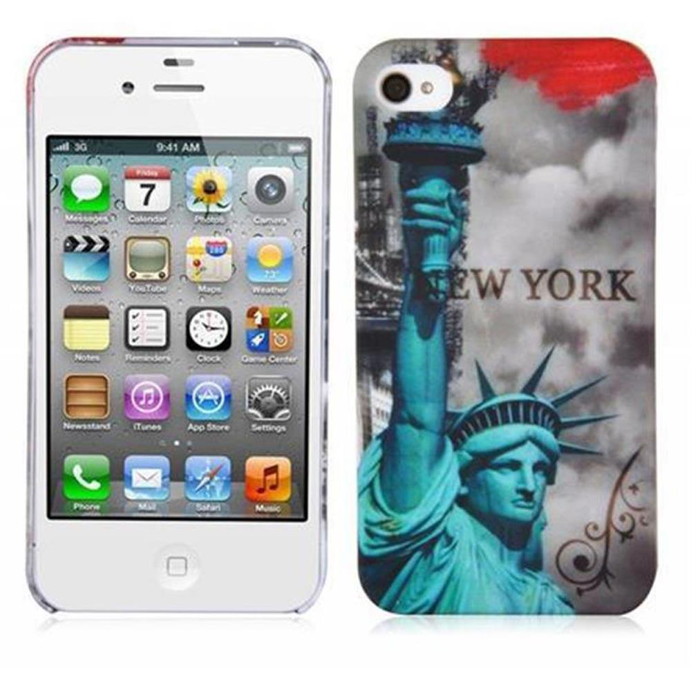 Weißes iPhone mit Symbolen. Daneben eine Handyhülle mit Freiheitsstatue und 'NEW YORK'.