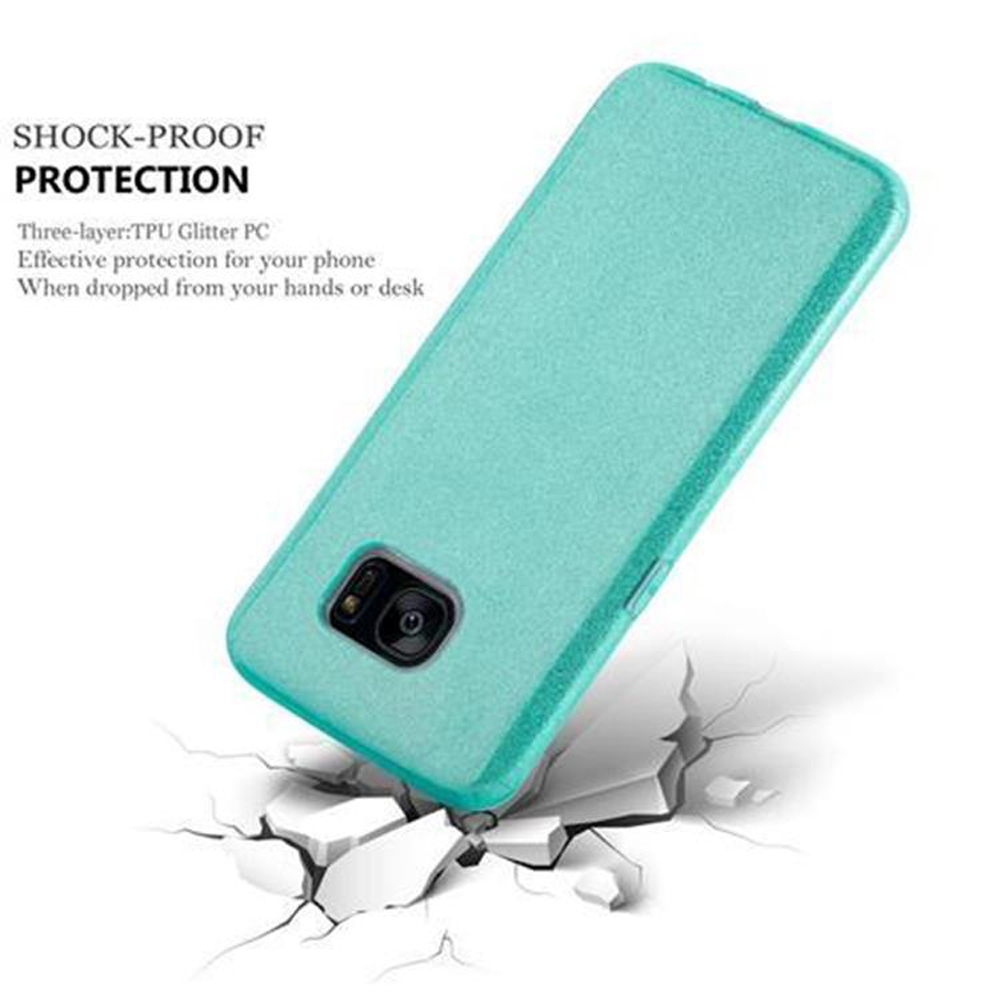 Una custodia per telefono verde acqua con crepe su una superficie bianca, che mostra la protezione.