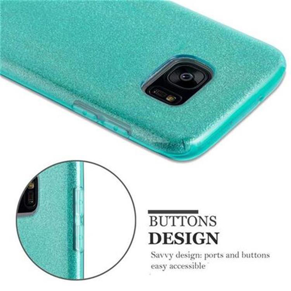 Custodia per telefono turchese. Primo piano di pulsanti e porte, testo: Buttons Design.