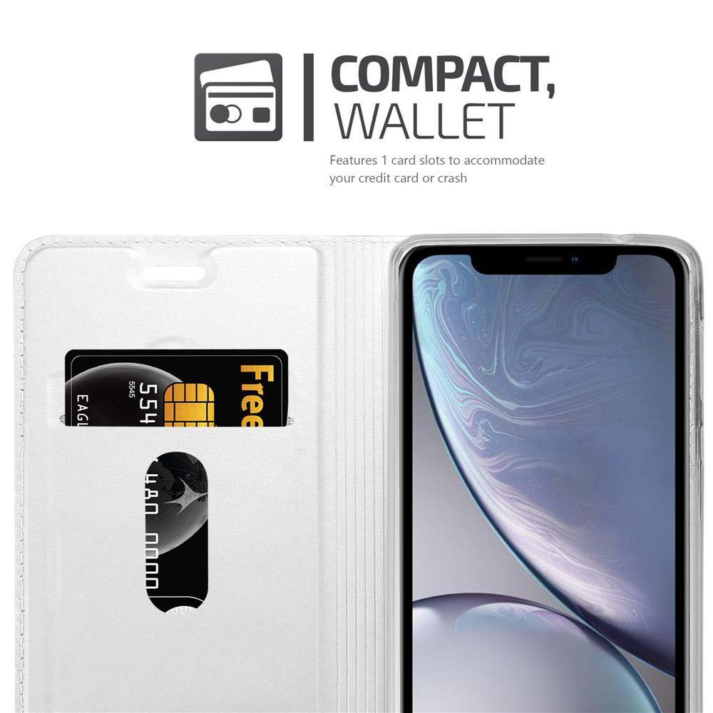 Una custodia a portafoglio compatta bianca con uno slot per carte che contiene una carta Free. Un telefono è visibile.