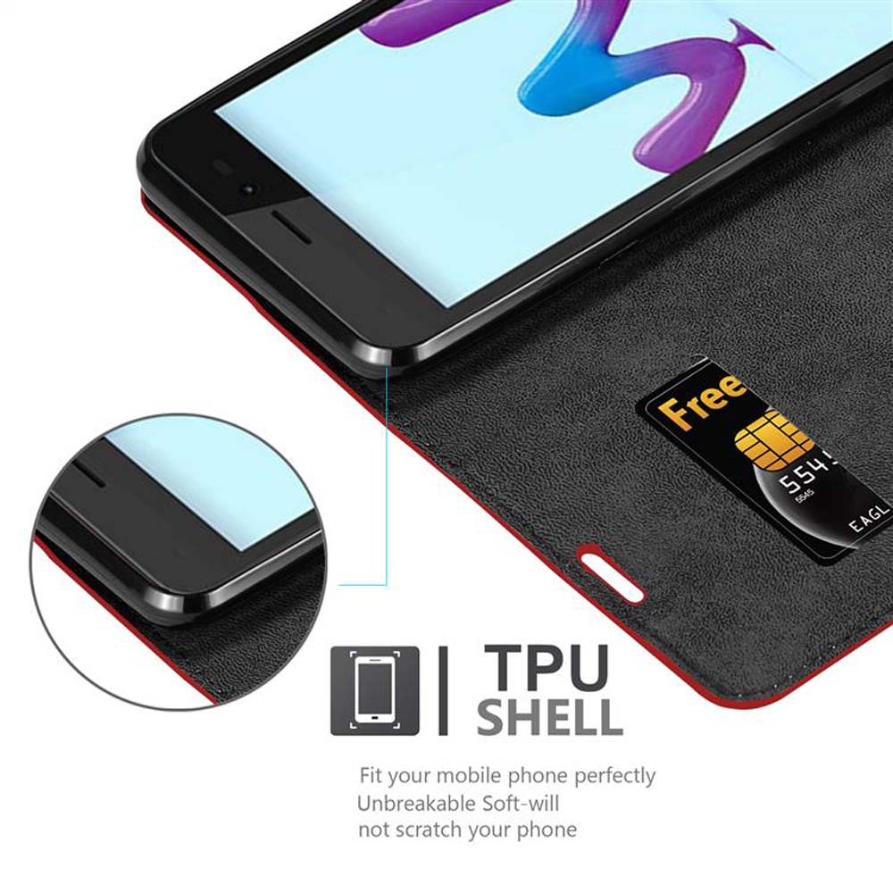 Ein Telefon in einem schwarzen Gehäuse mit einer Karte. Text: TPU-Schale. Das Telefon ist schräg.