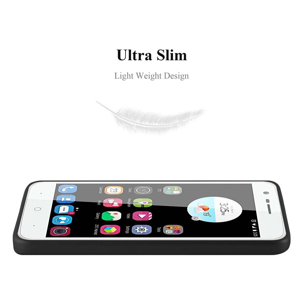 Telefono in una custodia nera. Testo: Ultra Slim. Lo schermo del telefono mostra l'ora. Sfondo bianco.