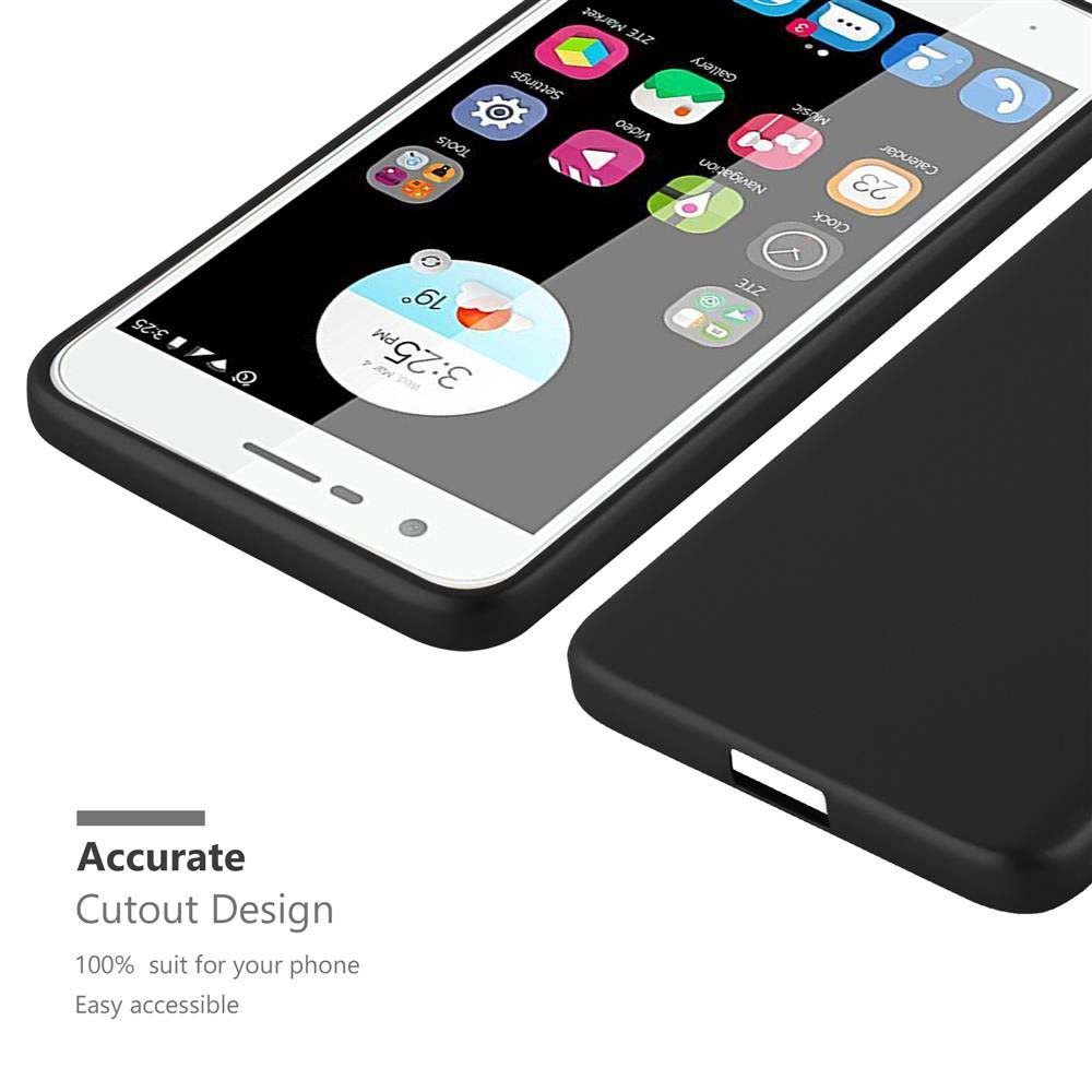 Telefono nero con icone delle app. Custodia nera parzialmente visibile.
