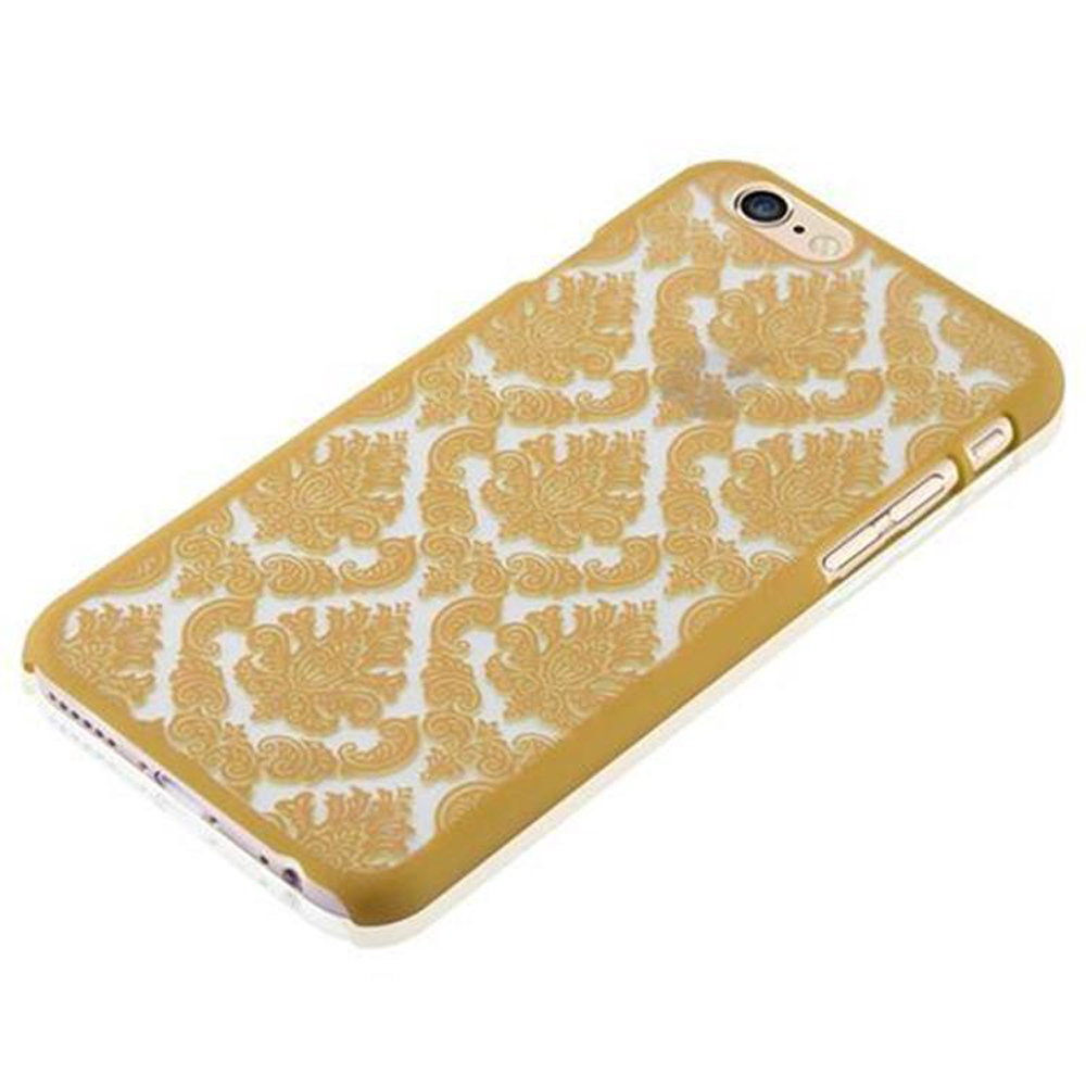 Custodia per telefono color oro con motivo floreale. La custodia è isolata su bianco.