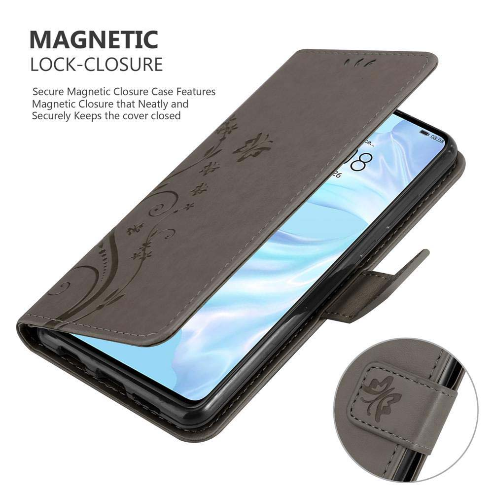 Custodia per telefono grigia, aperta, con telefono all'interno. Testo: 'MAGNETIC LOCK-CLOSURE'.
