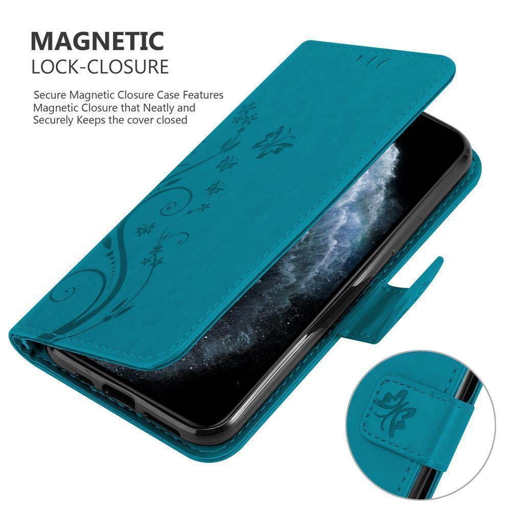 Custodia per telefono turchese aperta, che mostra un telefono con un design floreale, chiusura magnetica pubblicizzata.