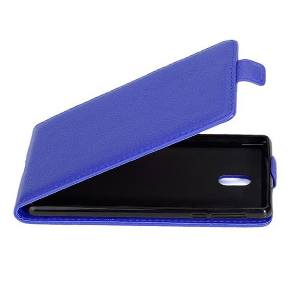 Custodia blu per telefono aperta, rivela un telefono nero all'interno.