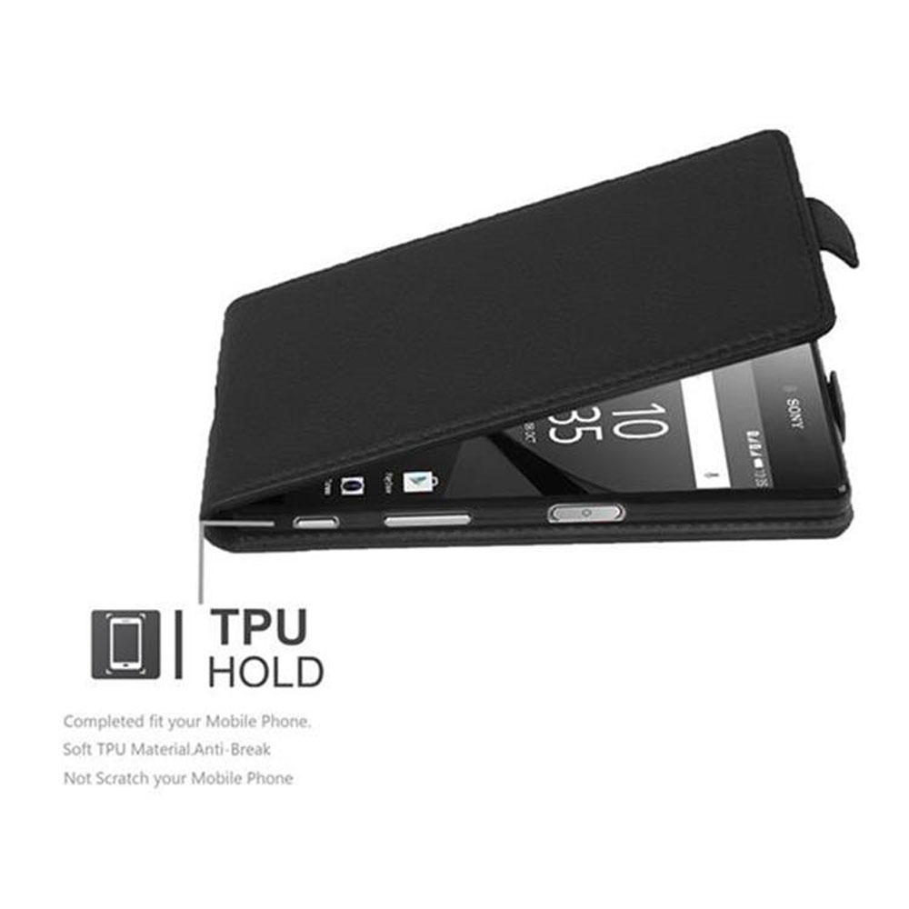 Se muestra un teléfono negro con su funda abierta, mostrando la pantalla. Texto debajo dice 'TPU HOLD'.
