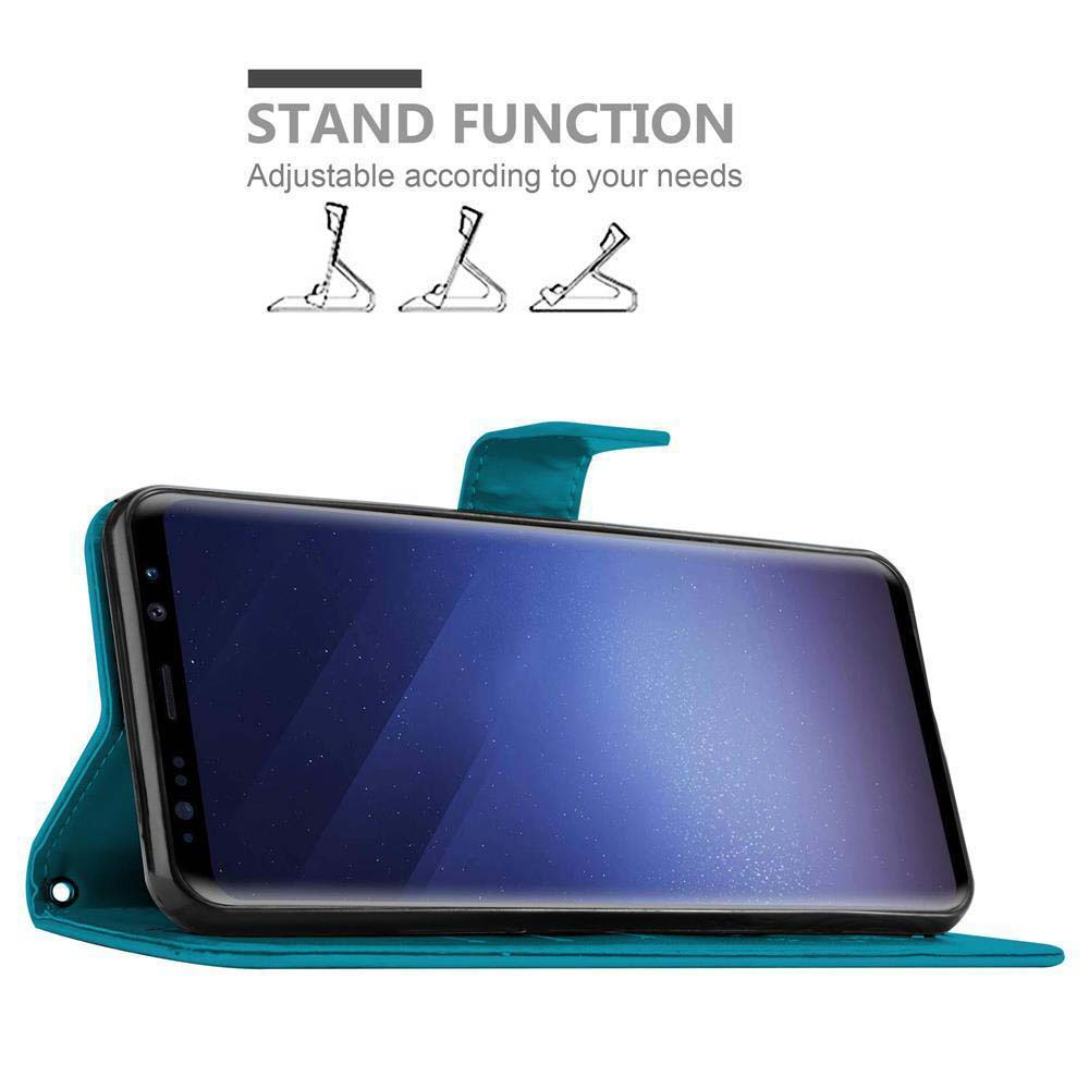 Custodia verde acqua, aperta, con telefono dentro. Funzione stand. Sfondo bianco.