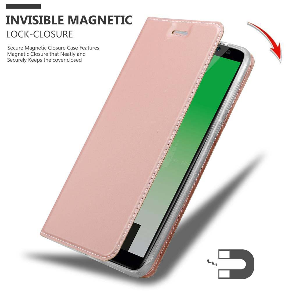 Pinke Handyhülle mit Handy. Text: Unsichtbarer Magnetverschluss. Magnet und offene Hülle.